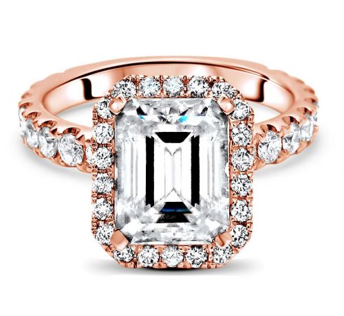 Charlotte Emerald Moissanite Ring With Round Diamonds and Diamond Halo