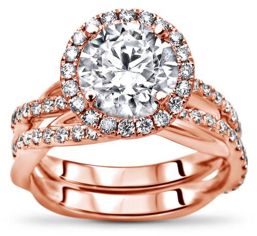 Luna Round Moissanite Ring Bridal Set With Round Diamonds And Diamond Halo