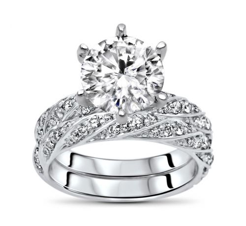 Abigail Round Moissanite Ring Bridal Set With Round Diamonds And Diamond Prongs