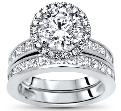 Monica Round Moissanite Ring Bridal Set with Diamonds and Diamond Halo